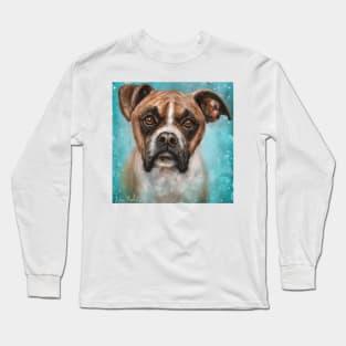 Contemporary Painting of a Brown Boxer Dog with a Curious Expression on Blue Background Long Sleeve T-Shirt